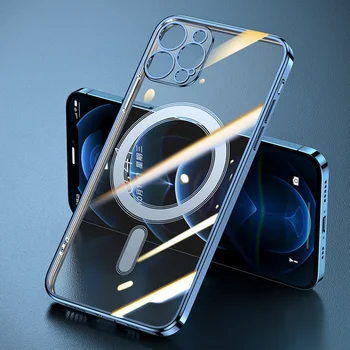 Luxus Galvanizáló Mágneses Vezeték nélküli Töltés tok iPhone 11 12 13 Pro Max Mini Átlátszó Lencse Védelem Ütésálló Borító